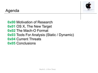 Agenda
0x00 Motivation of Research
0x01 OS X, The New Target
0x02 The Mach-O Format
0x03 Tools For Analysis (Static / Dyna...