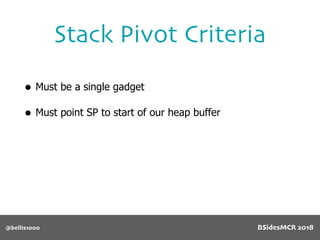 Stack Pivot Criteria
@bellis1000
• Must be a single gadget
• Must point SP to start of our heap buffer
BSidesMCR 2018
 