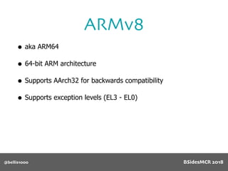 • aka ARM64
• 64-bit ARM architecture
• Supports AArch32 for backwards compatibility
• Supports exception levels (EL3 - EL0)
ARMv8
@bellis1000 BSidesMCR 2018
 
