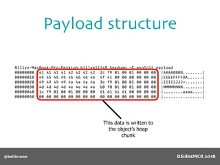 @bellis1000
Payload structure
This data is written to
the object’s heap
chunk
BSidesMCR 2018
 