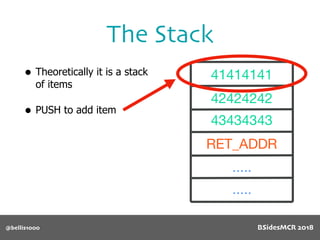 The Stack
@bellis1000
• Theoretically it is a stack
of items
• PUSH to add item
BSidesMCR 2018
 