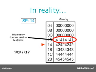 In reality…
@bellis1000
“POP {R1}”
This memory
does not need to
be cleared
BSidesMCR 2018
 