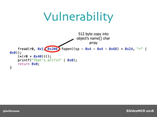 @bellis1000
Vulnerability
512 byte copy into
object’s name[] char
array
BSidesMCR 2018
 