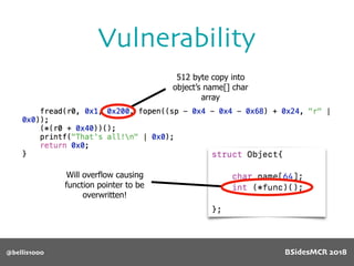 @bellis1000
Vulnerability
Will overflow causing
function pointer to be
overwritten!
512 byte copy into
object’s name[] char
array
BSidesMCR 2018
 