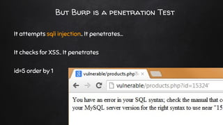 @haydnjohnson
But Burp is a penetration Test
It attempts sqli injection.. It penetrates…
It checks for XSS.. It penetrates
id=5 order by 1
 