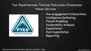 @haydnjohnson
The Penetration Testing Execution Standard
Main Section
Pre-engagement Interactions
Intelligence Gathering
Threat Modeling
Vulnerability Analysis
Exploitation
Post Exploitation
Reporting
http://www.pentest-standard.org/index.php/Main_Page
 