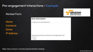 @haydnjohnson
Pre-engagement Interactions - Example
Pentest Form
Name
Contacts
Dates
IP Address
https://aws.amazon.com/security/penetration-testing/
 