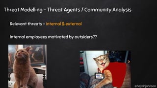 @haydnjohnson
Threat Modelling - Threat Agents / Community Analysis
Relevant threats - internal & external
Internal employees motivated by outsiders??
 