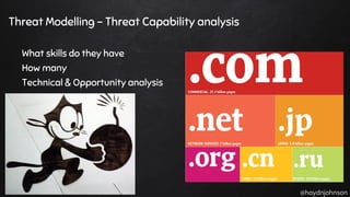 @haydnjohnson
Threat Modelling - Threat Capability analysis
What skills do they have
How many
Technical & Opportunity analysis
Exploits / Payloads
 