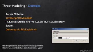 @haydnjohnson
Threat Modelling - Example
Tofsee Malware
Javascript Downloader
PE32 executable into the %USERPROFILE% directory.
Spam
Delivered via RIG Exploit Kit
http://blog.talosintel.com/2016/09/tofsee-spam.html
https://www.recordedfuture.com/threat-actor-types/
 