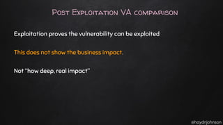 @haydnjohnson
Post Exploitation VA comparison
Exploitation proves the vulnerability can be exploited
This does not show the business impact.
Not “how deep, real impact”
 