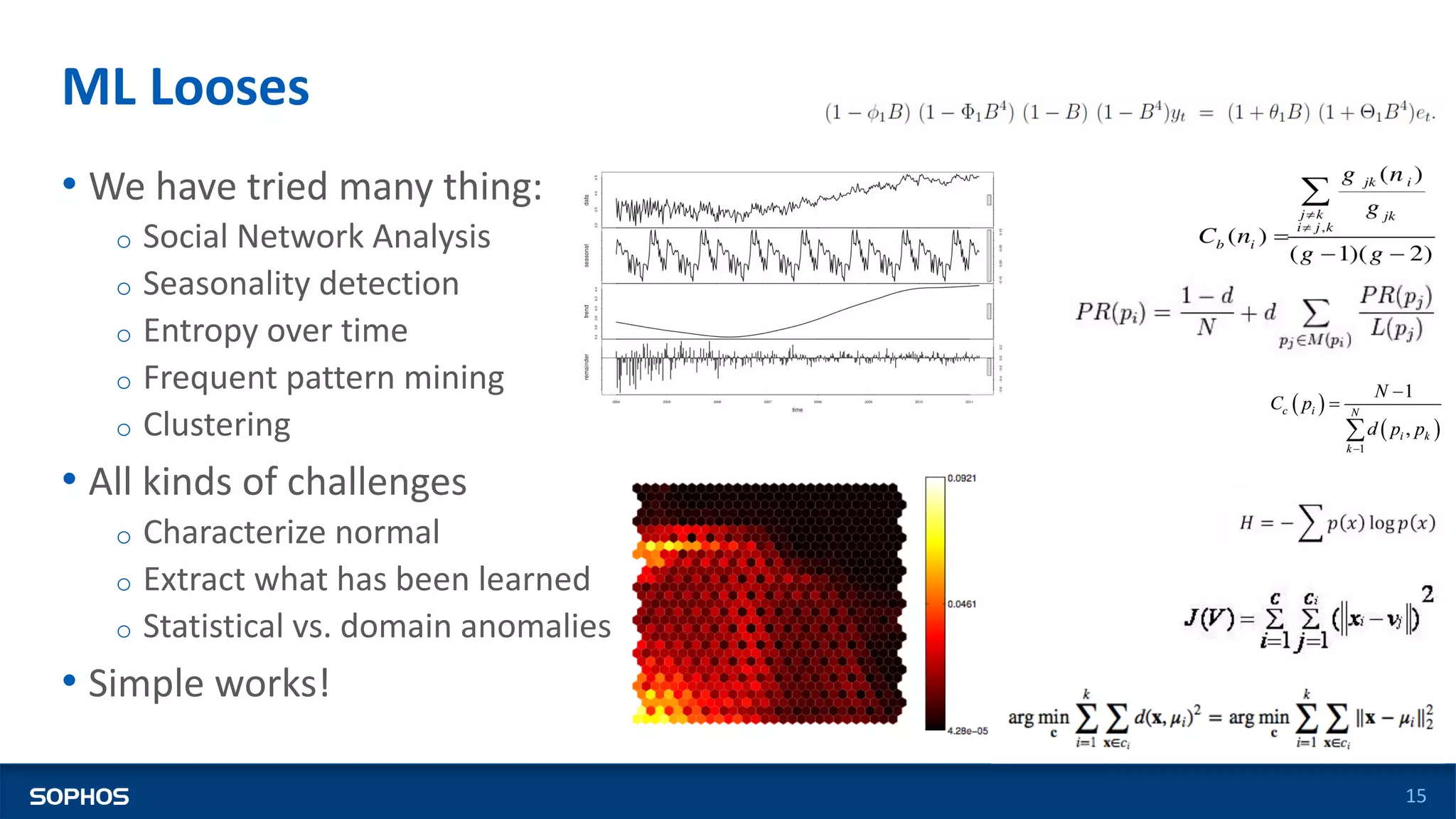 ML Looses
15
• We have tried many thing:
o Social Network Analysis
o Seasonality detection
o Entropy over time
o Frequent pattern mining
o Clustering
• All kinds of challenges
o Characterize normal
o Extract what has been learned
o Statistical vs. domain anomalies
• Simple works!
 