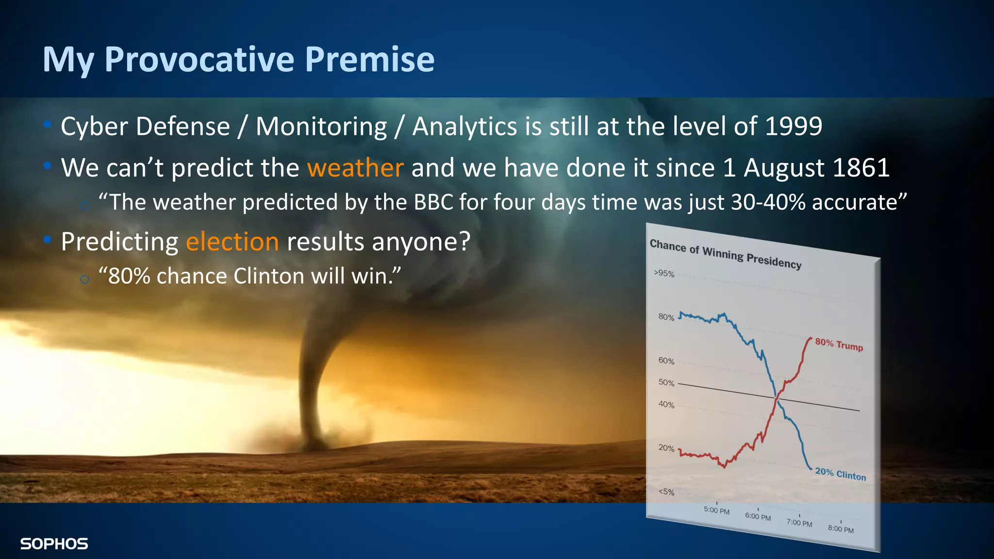 My Provocative Premise
• Cyber Defense / Monitoring / Analytics is still at the level of 1999
• We can’t predict the weather and we have done it since 1 August 1861
o “The weather predicted by the BBC for four days time was just 30-40% accurate”
• Predicting election results anyone?
o “80% chance Clinton will win.”
 