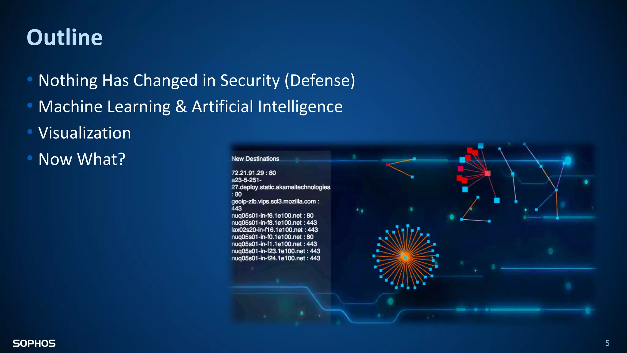 Outline
5
• Nothing Has Changed in Security (Defense)
• Machine Learning & Artificial Intelligence
• Visualization
• Now What?
 