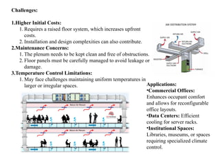 Challenges:
1.Higher Initial Costs:
1. Requires a raised floor system, which increases upfront
costs.
2. Installation and design complexities can also contribute.
2.Maintenance Concerns:
1. The plenum needs to be kept clean and free of obstructions.
2. Floor panels must be carefully managed to avoid leakage or
damage.
3.Temperature Control Limitations:
1. May face challenges maintaining uniform temperatures in
larger or irregular spaces. Applications:
•Commercial Offices:
Enhances occupant comfort
and allows for reconfigurable
office layouts.
•Data Centers: Efficient
cooling for server racks.
•Institutional Spaces:
Libraries, museums, or spaces
requiring specialized climate
control.
 