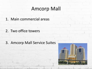 Amcorp Mall
1. Main commercial areas
2. Two office towers
3. Amcorp Mall Service Suites
 