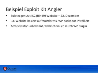 Beispiel Exploit Kit Angler
• Zuletzt genutzt ISC (Bind9) Website – 22. Dezember
• ISC Website basiert auf Wordpress, WP backdoor installiert
• Attackvektor unbekannt, wahrscheinlich durch WP plugin
 