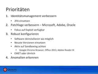 Prioritäten
1. Identitätsmanagement verbessern
• 2FA einsetzen
2. Patchlage verbessern – Microsoft, Adobe, Oracle
• Fokus auf Exploit verfügbar
3. Robust konfigurieren
• Software deinstallieren wo möglich
• Neuste Versionen einsetzen
• Aktiv auf Sandboxing achten
• Google Chrome Browser, Office 2013, Adobe Reader XI
• EMET oder ähnlich
4. Anomalien erkennen
 