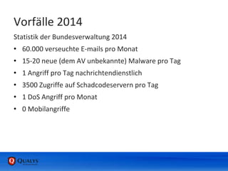 Vorfälle 2014
Statistik der Bundesverwaltung 2014
• 60.000 verseuchte E-mails pro Monat
• 15-20 neue (dem AV unbekannte) Malware pro Tag
• 1 Angriff pro Tag nachrichtendienstlich
• 3500 Zugriffe auf Schadcodeservern pro Tag
• 1 DoS Angriff pro Monat
• 0 Mobilangriffe
 