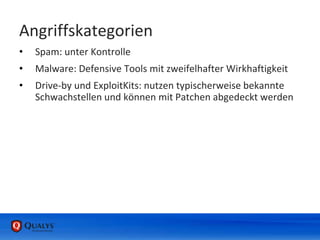 Angriffskategorien
• Spam: unter Kontrolle
• Malware: Defensive Tools mit zweifelhafter Wirkhaftigkeit
• Drive-by und ExploitKits: nutzen typischerweise bekannte
Schwachstellen und können mit Patchen abgedeckt werden
 