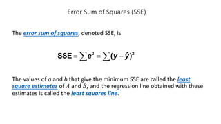 Error Sum of Squares (SSE)
The error sum of squares, denoted SSE, is
The values of a and b that give the minimum SSE are called the least
square estimates of A and B, and the regression line obtained with these
estimates is called the least squares line.
2 2
ˆ
SSE ( )
e y y
= = -
å å
 
