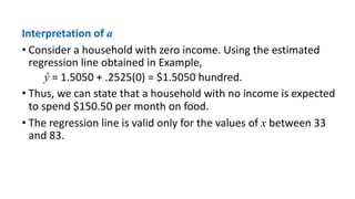 Interpretation of a
• Consider a household with zero income. Using the estimated
regression line obtained in Example,
ŷ = 1.5050 + .2525(0) = $1.5050 hundred.
• Thus, we can state that a household with no income is expected
to spend $150.50 per month on food.
• The regression line is valid only for the values of x between 33
and 83.
 