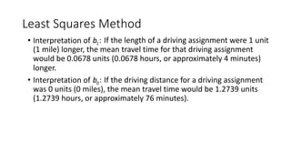 Least Squares Method
• Interpretation of 1:
b If the length of a driving assignment were 1 unit
(1 mile) longer, the mean travel time for that driving assignment
would be 0.0678 units (0.0678 hours, or approximately 4 minutes)
longer.
• Interpretation of 0:
b If the driving distance for a driving assignment
was 0 units (0 miles), the mean travel time would be 1.2739 units
(1.2739 hours, or approximately 76 minutes).
 