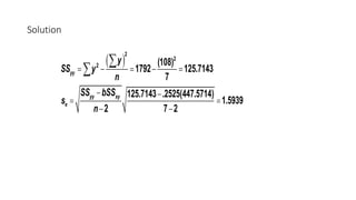 Solution
( )
2
2
2 (108)
1792 125.7143
7
125.7143 .2525(447.5714)
1.5939
2 7 2
yy
yy xy
e
y
SS y
n
SS bSS
s
n
= - = - =
- -
= =
- -
å
å
 