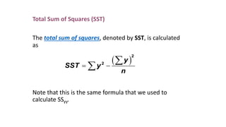 Total Sum of Squares (SST)
The total sum of squares, denoted by SST, is calculated
as
Note that this is the same formula that we used to
calculate SSyy.
( )
2
2
y
SST y
n
= -
å
å
 