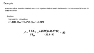 Example
For the data on monthly incomes and food expenditures of seven households, calculate the coefficient of
determination.
Solution:
• From earlier calculations
• b = .2525, 𝑺𝑺𝒙𝒚= 447.5714, 𝑺𝑺𝒚𝒚 = 125.7143
2 (.2525)(447.5714)
.90
125.7143
xy
yy
b SS
r
SS
= = =
 