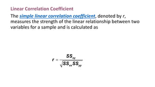 Linear Correlation Coefficient
The simple linear correlation coefficient, denoted by r,
measures the strength of the linear relationship between two
variables for a sample and is calculated as
xy
xx yy
SS
r
SS SS
=
 
