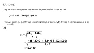 Solution (g)
Using the estimated regression line, we find the predicted value of y for x = 10 is
ŷ = 76.6605 – 1.5476(10) = $61.18
Thus, we expect the monthly auto insurance premium of a driver with 10 years of driving experience to be
$61.18.
(h)
2
1557.5000 ( 1.5476)( 593.5000)
8 2
10.3199
yy xy
e
SS bSS
s
n
-
=
-
- - -
=
-
=
 