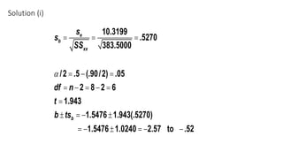 Solution (i)
10.3199
.5270
383.5000
/2 .5 (.90/2) .05
2 8 2 6
1.943
1.5476 1.943(.5270)
1.5476 1.0240 2.57 to .52
e
b
xx
b
s
s
SS
df n
t
b ts
a
= = =
= - =
= - = - =
=
± = - ±
= - ± = - -
 
