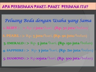 APA PERBEDAAN PAKET-PAKET  PERDANA ITU?Peluang Beda dengan Usaha yang Sama1. RUBY :	> Rp. 1 juta/hari,  (Rp. 30 juta/bulan)2. PEARL :	> Rp. 3 juta/hari, (Rp. 90 juta/bulan)3. EMERALD : > Rp. 5 juta/hari, (Rp. 150 juta/bulan)4. SAPPHIRE : >  Rp. 7 juta/hari, (Rp. 210 juta/bulan)5. DIAMOND : > Rp.10juta/hari, (Rp. 300 juta/bulan)