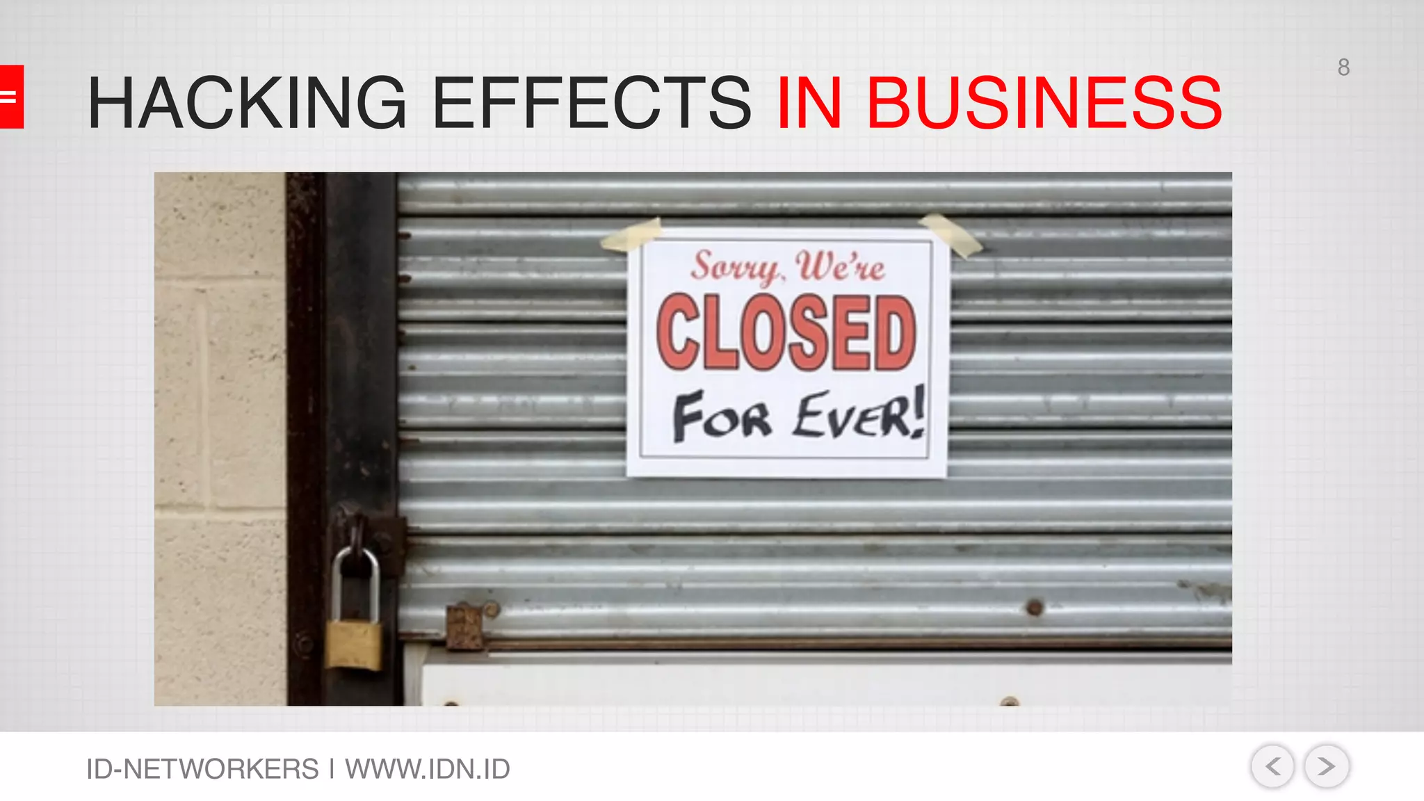 HACKING EFFECTS IN BUSINESS
ID-NETWORKERS | WWW.IDN.ID
8
 