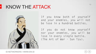 KNOW THE ATTACK
ID-NETWORKERS | WWW.IDN.ID
If you know both of yourself
and your enemies, you will not
be lose in a hundred battles.
If you do not know yourself
nor your enemies, you will be
lose in every single battle.
(The Art of War - Sun Tzu).
10
 