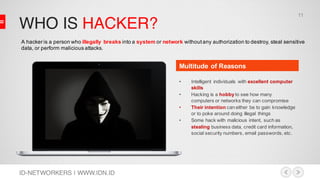 WHO IS HACKER?
ID-NETWORKERS | WWW.IDN.ID
Multitude of Reasons
• Intelligent individuals with excellent computer
skills
• Hacking is a hobby to see how many
computers or networks they can compromise
• Their intention can either be to gain knowledge
or to poke around doing illegal things
• Some hack with malicious intent, such as
stealing business data, credit card information,
social security numbers, email passwords, etc.
A hacker is a person who illegally breaks into a system or network withoutany authorization to destroy, steal sensitive
data, or perform malicious attacks.
11
 