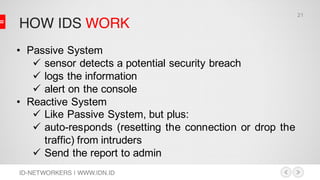HOW IDS WORK
ID-NETWORKERS | WWW.IDN.ID
• Passive System
ü sensor detects a potential security breach
ü logs the information
ü alert on the console
• Reactive System
ü Like Passive System, but plus:
ü auto-responds (resetting the connection or drop the
traffic) from intruders
ü Send the report to admin
21
 