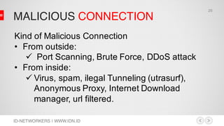 MALICIOUS CONNECTION
ID-NETWORKERS | WWW.IDN.ID
Kind of Malicious Connection
• From outside:
ü Port Scanning, Brute Force, DDoS attack
• From inside:
ü Virus, spam, ilegal Tunneling (utrasurf),
Anonymous Proxy, Internet Download
manager, url filtered.
26
 