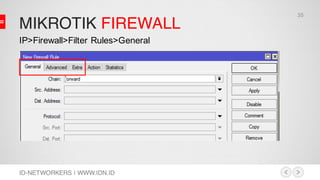 MIKROTIK FIREWALL
ID-NETWORKERS | WWW.IDN.ID
IP>Firewall>Filter Rules>General
35
 