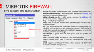 MIKROTIK FIREWALL
ID-NETWORKERS | WWW.IDN.ID
accept - acceptthe packet. Packet is not passed to next firewall rule.
add-dst-to-address-list - add destination address to address list
specified by address-listparameter
add-src-to-address-list - add source address to address list
specified by address-listparameter
drop - silently drop the packet
jump - jump to the user defined chain specified by the value of jump-
target parameter
log - add a message to the system log containing following data: in-
interface, out-interface, src-mac, protocol, src-ip:port->dst-ip:port and
length of the packet. After packet is matched it is passed to next rule
in the list, similar as passthrough
passthrough - ignore this rule and go to next one (useful for
statistics).
reject - drop the packet and send an ICMP rejectmessage
return - passes control back to the chain from where the jump took
place
tarpit - captures and holds TCP connections (replies with SYN/ACK
to the inbound TCP SYN packet)
IP>Firewall>Filter Rules>Action
37
 