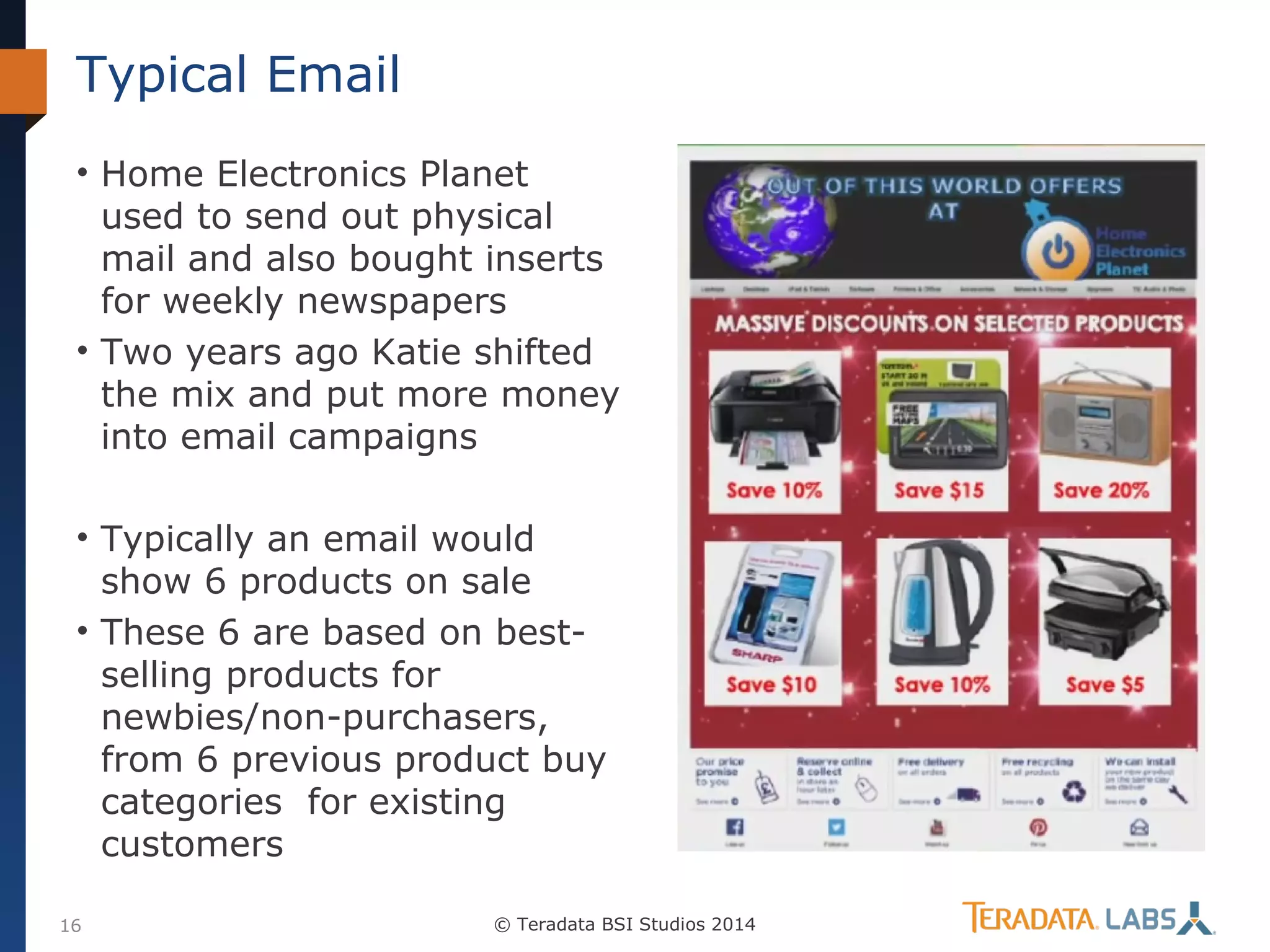 Typical Email
• Home Electronics Planet
used to send out physical
mail and also bought inserts
for weekly newspapers
• Two years ago Katie shifted
the mix and put more money
into email campaigns
• Typically an email would
show 6 products on sale
• These 6 are based on bestselling products for
newbies/non-purchasers,
from 6 previous product buy
categories for existing
customers
16

© Teradata BSI Studios 2014

 