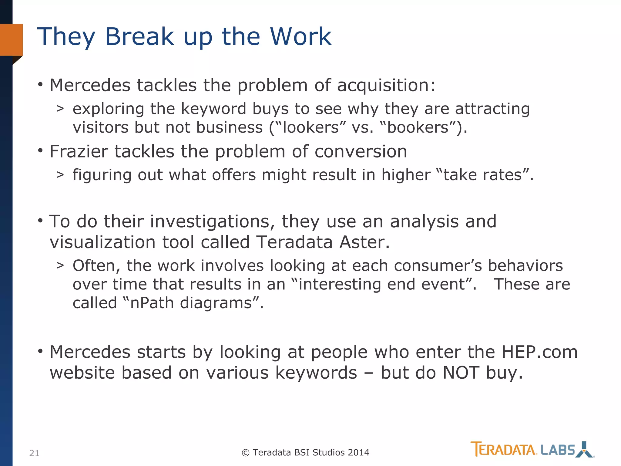 They Break up the Work
• Mercedes tackles the problem of acquisition:
> exploring the keyword buys to see why they are attracting

visitors but not business (“lookers” vs. “bookers”).

• Frazier tackles the problem of conversion
> figuring out what offers might result in higher “take rates”.

• To do their investigations, they use an analysis and
visualization tool called Teradata Aster.
> Often, the work involves looking at each consumer’s behaviors

over time that results in an “interesting end event”.
called “nPath diagrams”.

These are

• Mercedes starts by looking at people who enter the HEP.com
website based on various keywords – but do NOT buy.

21

© Teradata BSI Studios 2014

 