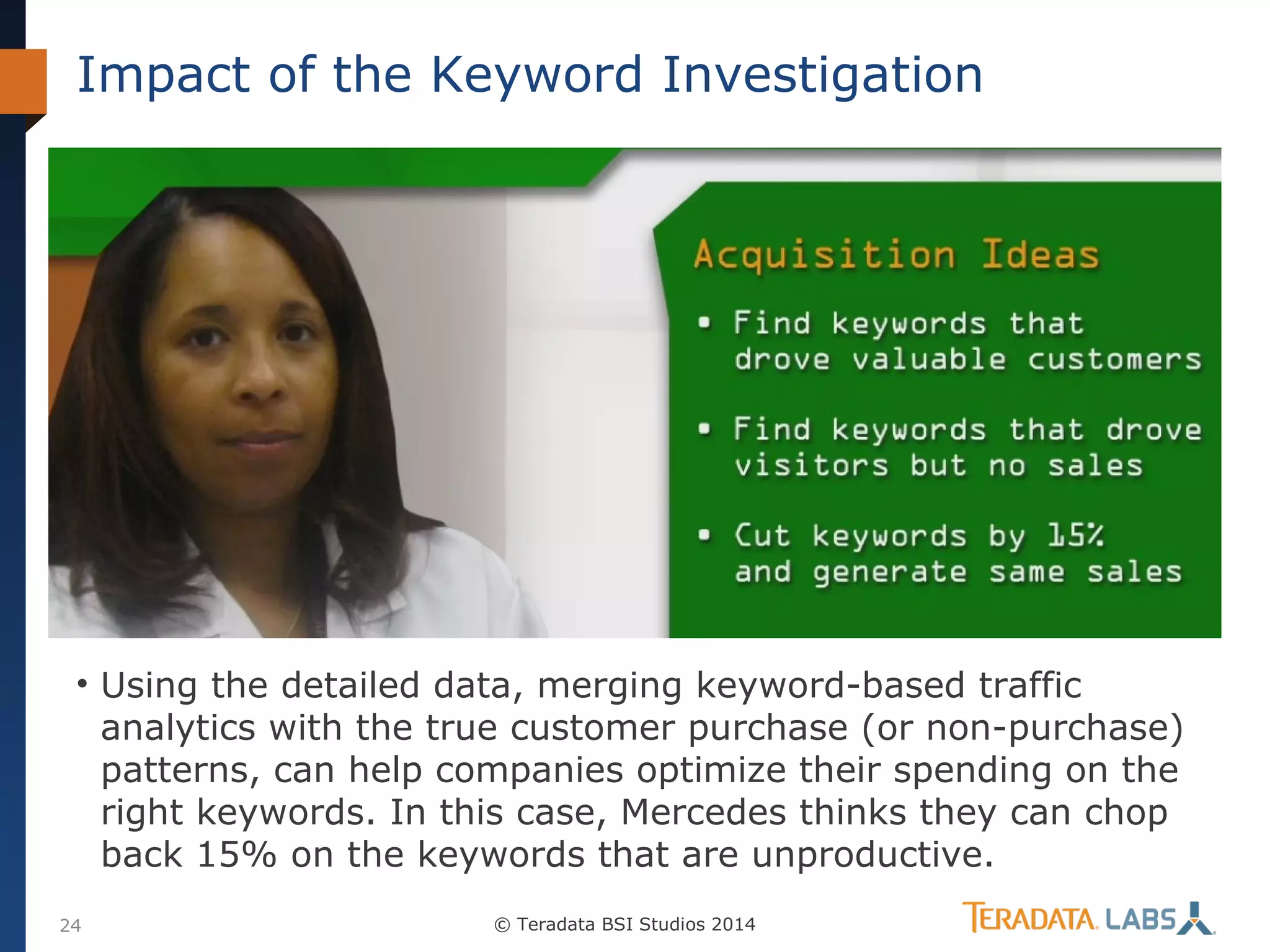 Impact of the Keyword Investigation

• Using the detailed data, merging keyword-based traffic
analytics with the true customer purchase (or non-purchase)
patterns, can help companies optimize their spending on the
right keywords. In this case, Mercedes thinks they can chop
back 15% on the keywords that are unproductive.
24

© Teradata BSI Studios 2014

 