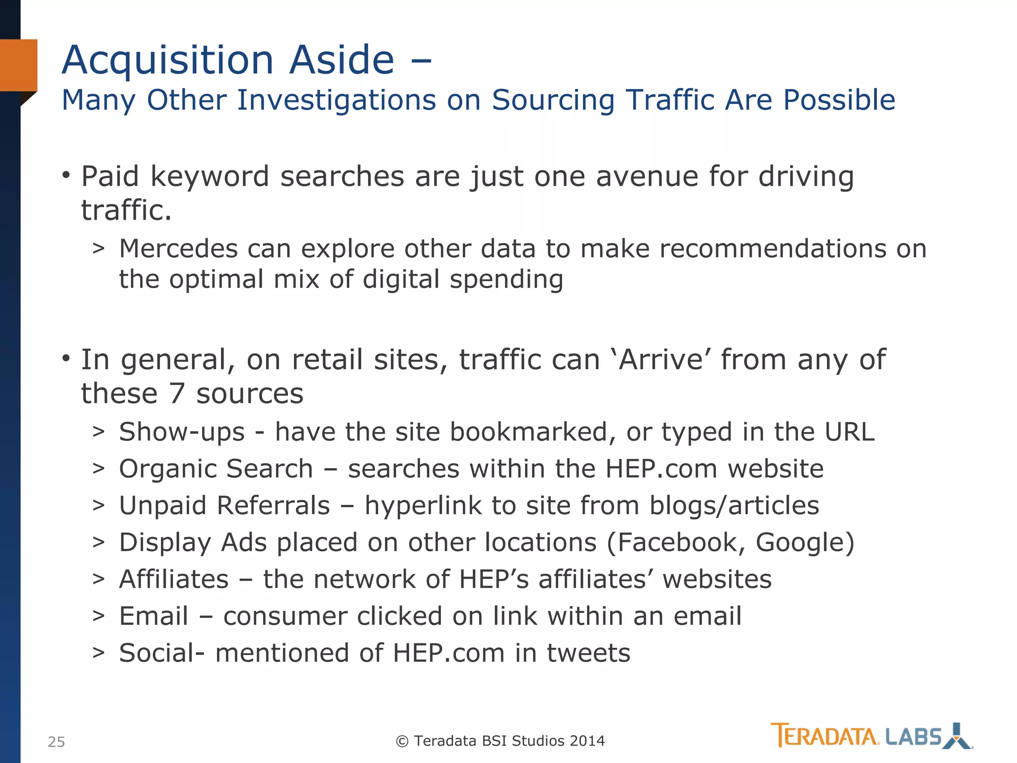 Acquisition Aside –

Many Other Investigations on Sourcing Traffic Are Possible
• Paid keyword searches are just one avenue for driving
traffic.
> Mercedes can explore other data to make recommendations on

the optimal mix of digital spending

• In general, on retail sites, traffic can ‘Arrive’ from any of
these 7 sources
> Show-ups - have the site bookmarked, or typed in the URL
> Organic Search – searches within the HEP.com website
> Unpaid Referrals – hyperlink to site from blogs/articles
> Display Ads placed on other locations (Facebook, Google)
> Affiliates – the network of HEP’s affiliates’ websites
> Email – consumer clicked on link within an email
> Social- mentioned of HEP.com in tweets

25

© Teradata BSI Studios 2014

 
