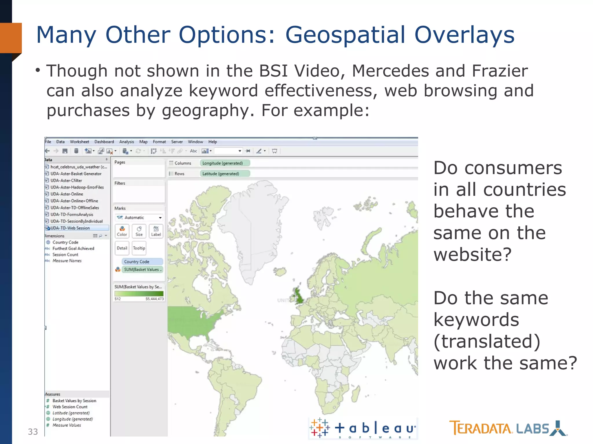 Many Other Options: Geospatial Overlays
• Though not shown in the BSI Video, Mercedes and Frazier
can also analyze keyword effectiveness, web browsing and
purchases by geography. For example:

Do consumers
in all countries
behave the
same on the
website?
Do the same
keywords
(translated)
work the same?

33

© Teradata BSI Studios 2014

 