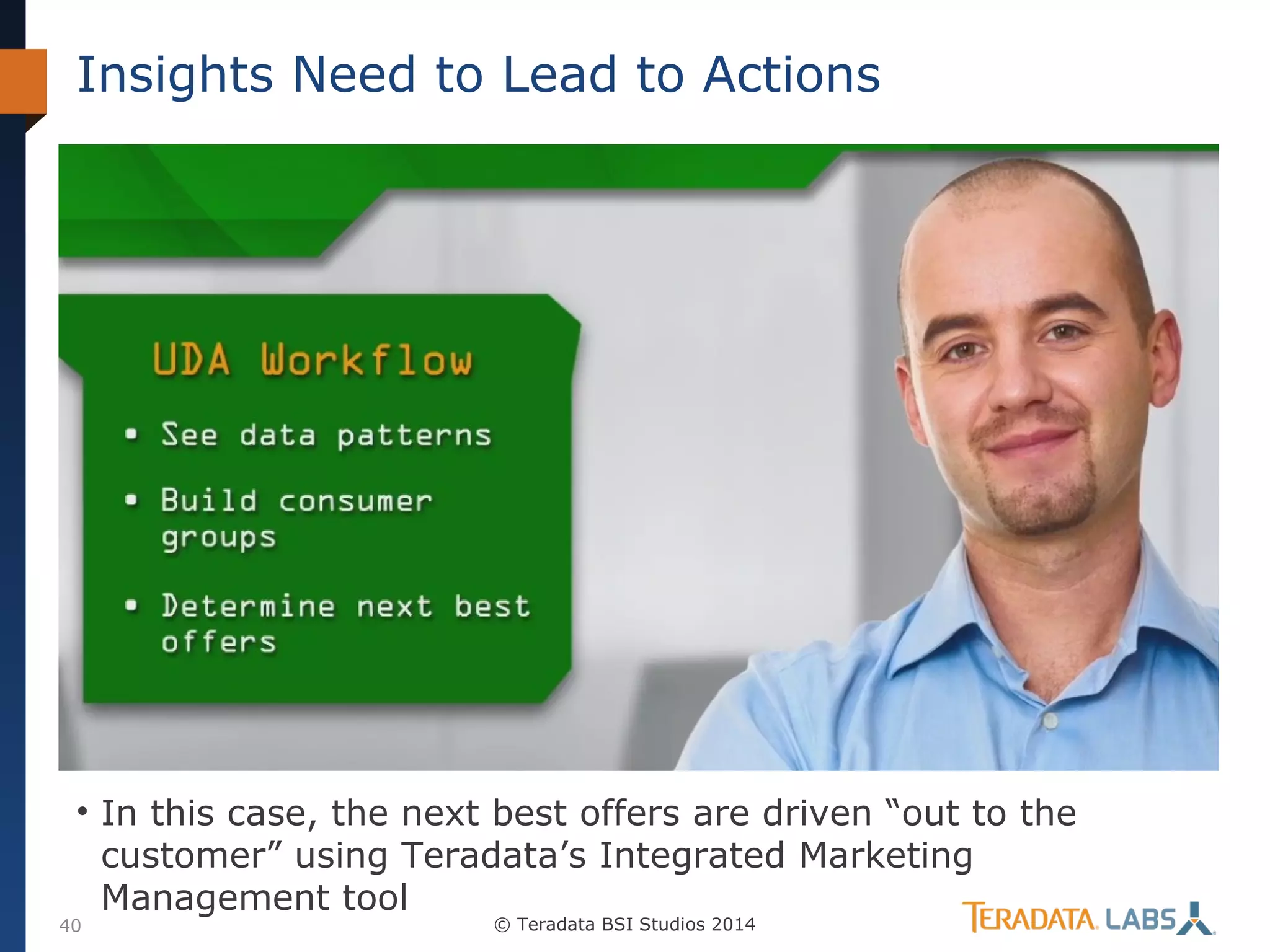 Insights Need to Lead to Actions

• In this case, the next best offers are driven “out to the
customer” using Teradata’s Integrated Marketing
Management tool

40

© Teradata BSI Studios 2014

 