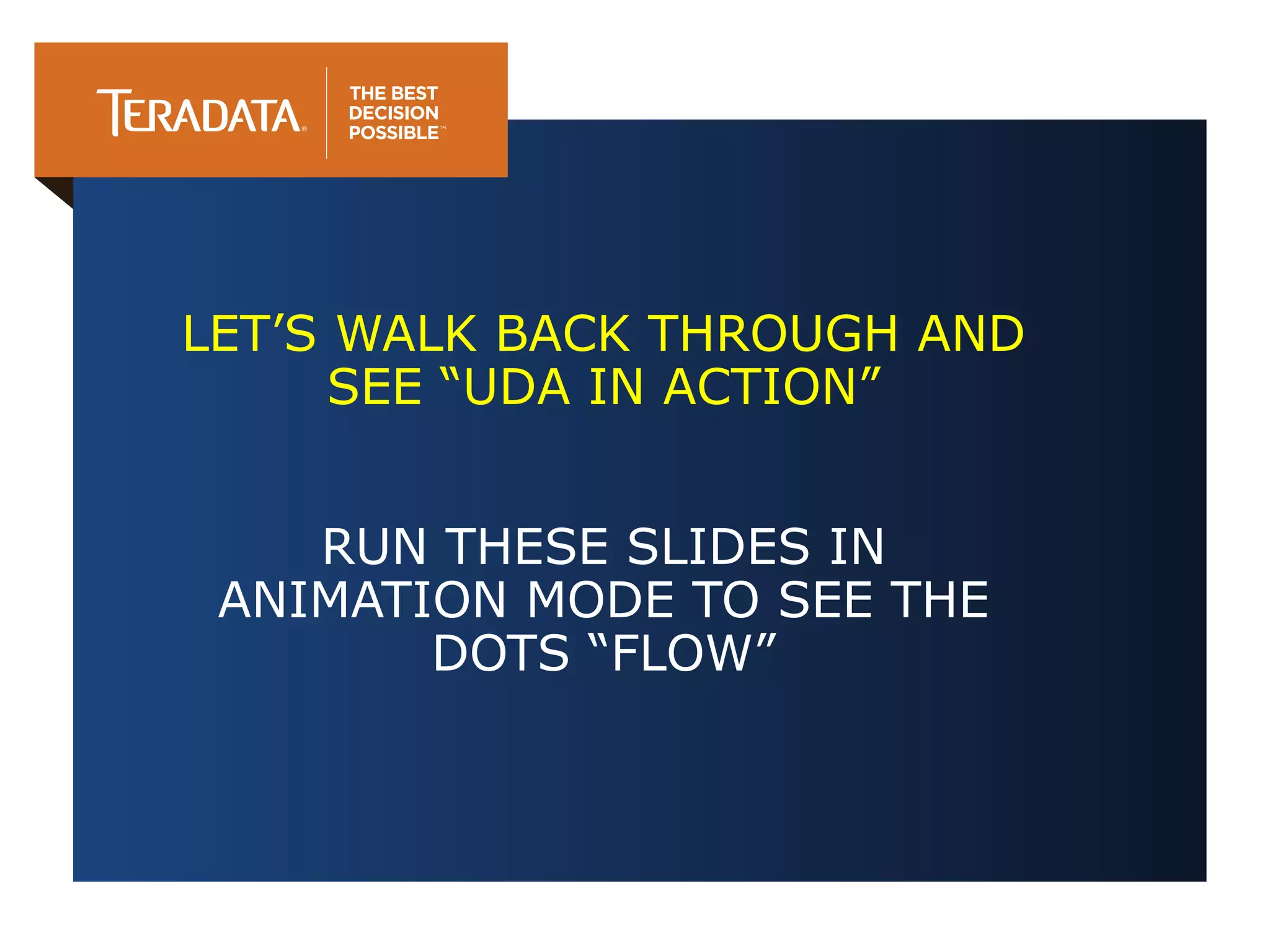 LET’S WALK BACK THROUGH AND
SEE “UDA IN ACTION”
RUN THESE SLIDES IN
ANIMATION MODE TO SEE THE
DOTS “FLOW”

 