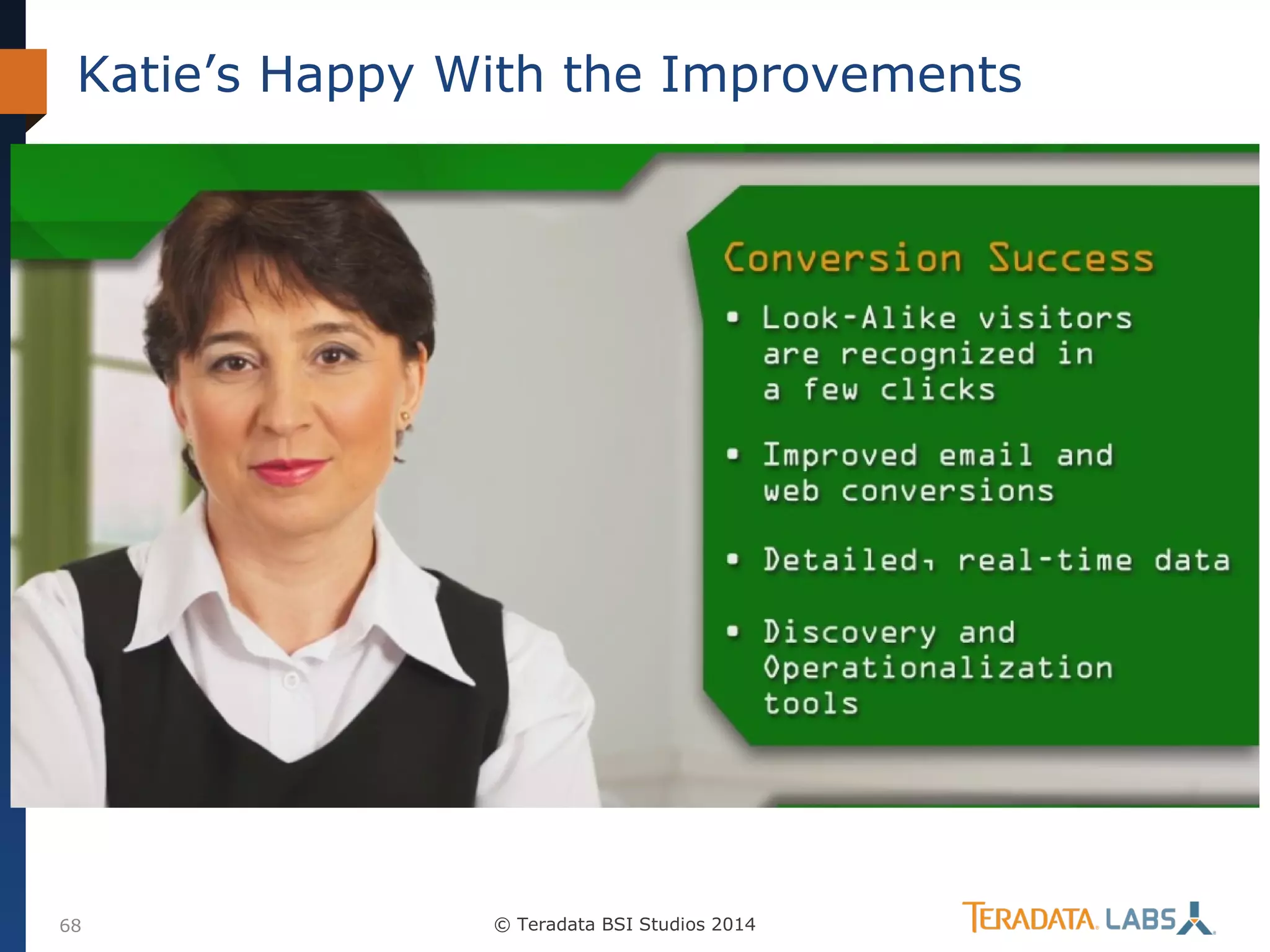 Katie’s Happy With the Improvements
• 1 year later – system has been used for more recall cases
and we take a look at the impacts. Some key KPIs are:
> Speed and Accuracy of Exploration, Root Cause Analysis
> Speed, Precision, and Accuracy of Recalls

• Jodice asks Wiley for an example recall they did with the
new system and he shows her the results for a peppercrusted salami product. The problem was bad spices that
were imported from overseas. International tracing can also
be included in the system.
Overall result: much more in control and reduced risk!!!

68

© Teradata BSI Studios 2014

 