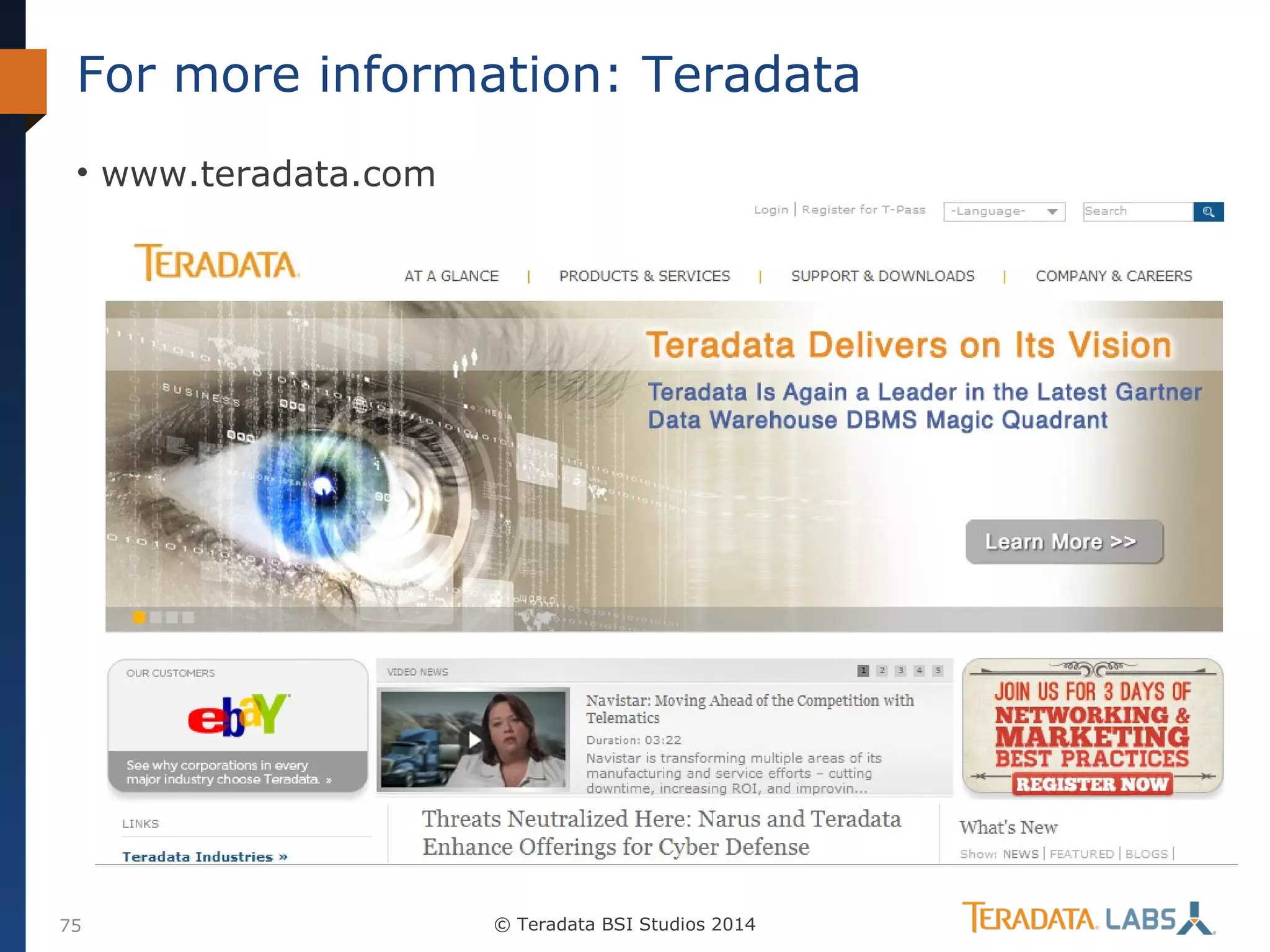 For more information: Teradata
• www.teradata.com

75

© Teradata BSI Studios 2014

 